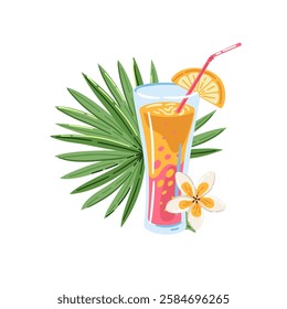 Summer cocktail with palm leaf and tropical flowers. Vector summer cocktail, beach party, summer vibes