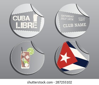 Summer cocktail party badges and labels layout template with Cuba flag and Cuba Libre cocktail. Fresh Modern ice design for cocktail bar or restaurant. Isolated on grey background. Vector illustration