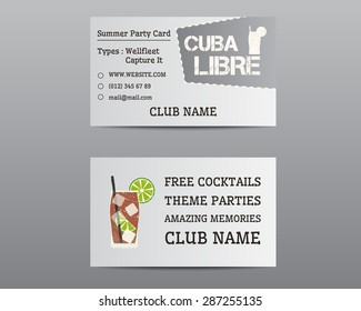 Summer cocktail party business card layout template with Cuba Libre. Fresh Modern ice design for bar or restaurant. Isolated on grey background. Vector illustration