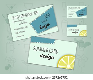 Summer cocktail party business card layout template with blue lagoon, lemon and cherry elements. Fresh Modern ice design for bar. Isolated on unusual background. Vector illustration