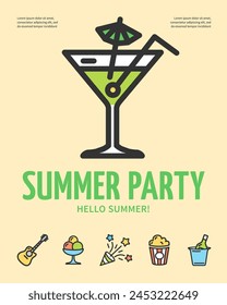 Summer Cocktail Party Concept Placard Poster Banner Card Summertime Event. Vector illustration of Glass with Umbrella