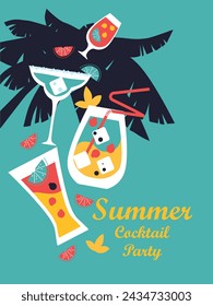 Summer Cocktail Party. Drinks logo. Bar Menu Design Template. Happy Hour. Vector illustration banner