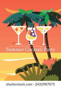 Fiesta de cóctel de verano. Juego de bebidas. Plantilla de diseño de menú de barra. Hora feliz. Ilustración de vector