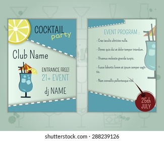 Summer Cocktail Party Flyer Layout Template With Blue Lagoon And Event Program. Fresh Modern Ice Design For Bar Or Restaurant. Isolated On Unusual Background. Vector Illustration