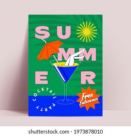 Summer cocktail party flyer or poster or banner design template with trendy bright colored typographic composition with cocktail glass. Vector illustration