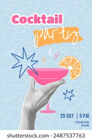 Summer cocktail party invitation concept in collage style. Halftone hand holding glass of champagne with slice of citrus fruit, doodle stars. Water surface pattern on background. Vector illustration.