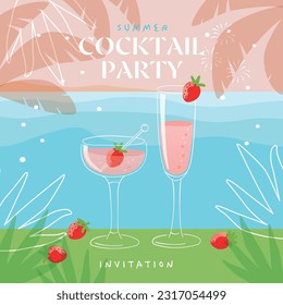 Summer cocktail party invitation design template, sparkring cocktail with strawberry,  beach background with palm trees.
