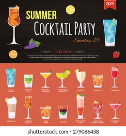 Summer cocktail party invitation and set of alcohol cocktails icons. Flat style design. Vector illustration.