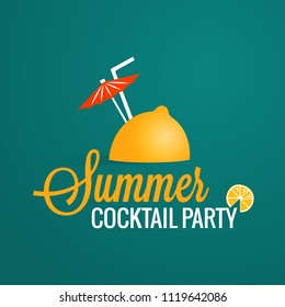 Summer cocktail party. Lemon with umbrella and straw.