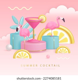 Summer cocktail party poster with 3D plastic cocktail, tropic fruits and flamingo. Summer background. Vector illustration