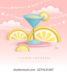 Summer cocktail  party poster with 3D plastic cosmopolitan cocktail, tropic fruits and string of lights. Vector illustration