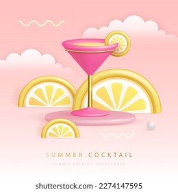 Summer cocktail  party poster with 3D plastic cosmopolitan cocktail and tropic fruits. Vector illustration