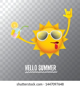 summer cocktail party poster background with funky smiling sun character wearing sunglasses and holding cocktail glass with lemon and drinking straw. hello summer rock n roll vector label or logo. 