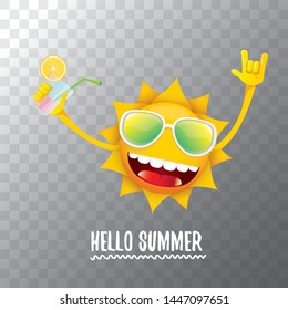 summer cocktail party poster background with funky smiling sun character wearing sunglasses and holding cocktail glass with lemon and drinking straw. hello summer rock n roll vector label or logo. 