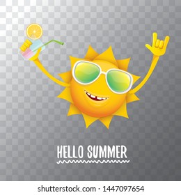 summer cocktail party poster background with funky smiling sun character wearing sunglasses and holding cocktail glass with lemon and drinking straw. hello summer rock n roll vector label or logo. 