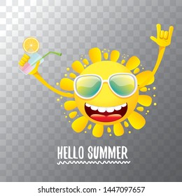 summer cocktail party poster background with funky smiling sun character wearing sunglasses and holding cocktail glass with lemon and drinking straw. hello summer rock n roll vector label or logo. 