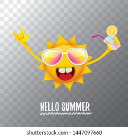 summer cocktail party poster background with funky smiling sun character wearing sunglasses and holding cocktail glass with lemon and drinking straw. hello summer rock n roll vector label or logo. 