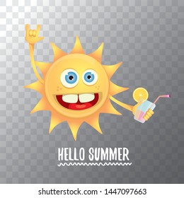 summer cocktail party poster background with funky smiling sun character wearing sunglasses and holding cocktail glass with lemon and drinking straw. hello summer rock n roll vector label or logo. 