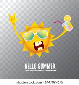 summer cocktail party poster background with funky smiling sun character wearing sunglasses and holding cocktail glass with lemon and drinking straw. hello summer rock n roll vector label or logo. 