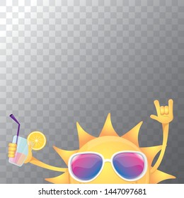 summer cocktail party poster background with funky smiling sun character wearing sunglasses and holding cocktail glass with lemon and drinking straw. hello summer rock n roll vector label or logo. 