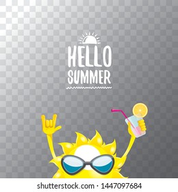 summer cocktail party poster background with funky smiling sun character wearing sunglasses and holding cocktail glass with lemon and drinking straw. hello summer rock n roll vector label or logo. 