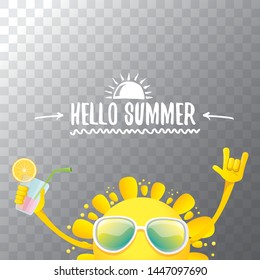 summer cocktail party poster background with funky smiling sun character wearing sunglasses and holding cocktail glass with lemon and drinking straw. hello summer rock n roll vector label or logo. 