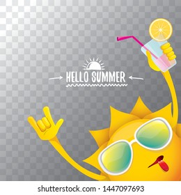 summer cocktail party poster background with funky smiling sun character wearing sunglasses and holding cocktail glass with lemon and drinking straw. hello summer rock n roll vector label or logo. 