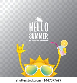 summer cocktail party poster background with funky smiling sun character wearing sunglasses and holding cocktail glass with lemon and drinking straw. hello summer rock n roll vector label or logo. 