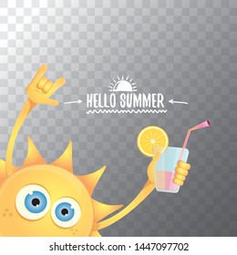summer cocktail party poster background with funky smiling sun character wearing sunglasses and holding cocktail glass with lemon and drinking straw. hello summer rock n roll vector label or logo. 