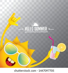 summer cocktail party poster background with funky smiling sun character wearing sunglasses and holding cocktail glass with lemon and drinking straw. hello summer rock n roll vector label or logo. 