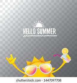 summer cocktail party poster background with funky smiling sun character wearing sunglasses and holding cocktail glass with lemon and drinking straw. hello summer rock n roll vector label or logo. 