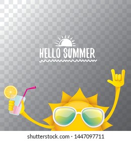 summer cocktail party poster background with funky smiling sun character wearing sunglasses and holding cocktail glass with lemon and drinking straw. hello summer rock n roll vector label or logo. 