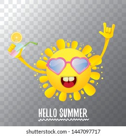 summer cocktail party poster background with funky smiling sun character wearing sunglasses and holding cocktail glass with lemon and drinking straw. hello summer rock n roll vector label or logo. 