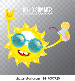 summer cocktail party poster background with funky smiling sun character wearing sunglasses and holding cocktail glass with lemon and drinking straw. hello summer rock n roll vector label or logo. 