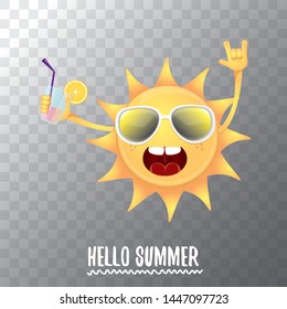 summer cocktail party poster background with funky smiling sun character wearing sunglasses and holding cocktail glass with lemon and drinking straw. hello summer rock n roll vector label or logo. 