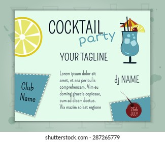 Summer cocktail party poster and banner layout template with blue lagoon, lemon and cherry elements. Fresh Modern design for bar. Isolated on unusual background. Vector illustration