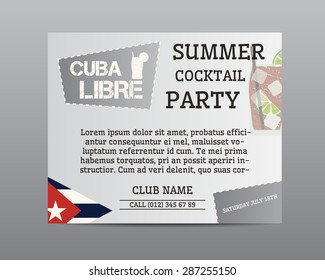 Summer cocktail party poster layout template with Cuba flag and Cuba Libre cocktail. Fresh Modern ice design for cocktail bar or restaurant. Isolated on grey background. Vector illustration