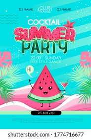 Summer cocktail party poster with watermelon and tropic leaves. Vector illustration