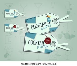 Summer cocktail party sticker and label layout template with blue lagoon, lemon and cherry elements. Fresh Modern design for bar. Isolated on unusual background. Vector illustration