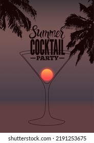 Summer Cocktail Party typographical vintage style grunge poster design with sea sunset landscape, palm trees and cocktail glass. Retro vector illustration.