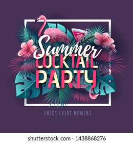 Summer cocktail party typography poster with flamingo and tropic leaves