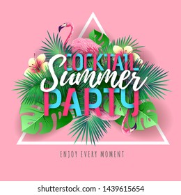 Summer cocktail party typography poster with flamingo and tropic leaves