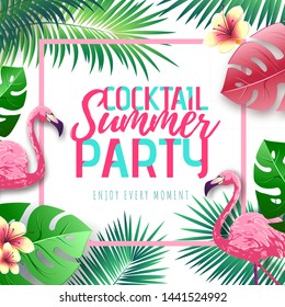 Summer cocktail party typography poster with flamingo and tropic leaves