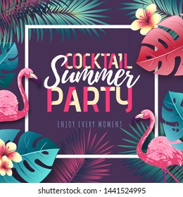 Summer cocktail party typography poster with flamingo and tropic leaves