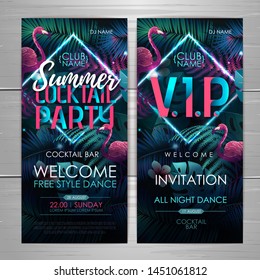 Summer cocktail party typography poster with flamingo and fluorescent tropic leaves. Invitation design. Nature concept