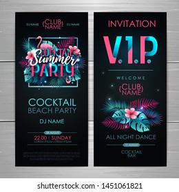 Summer cocktail party typography poster with flamingo and fluorescent tropic leaves. Invitation design. Nature concept