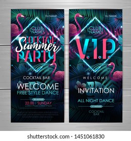 Summer cocktail party typography poster with flamingo and fluorescent tropic leaves. Invitation design. Nature concept