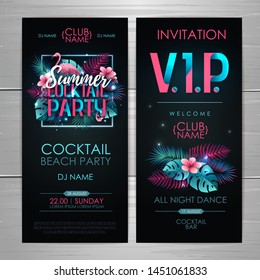 Summer cocktail party typography poster with flamingo and fluorescent tropic leaves. Invitation design. Nature concept