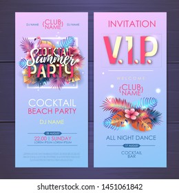 Summer cocktail party typography poster with flamingo and fluorescent tropic leaves. Invitation design. Nature concept