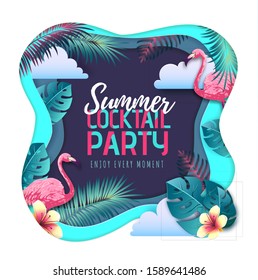 Summer cocktail party typography poster with flamingo and tropic leaves. Cut out paper art style design